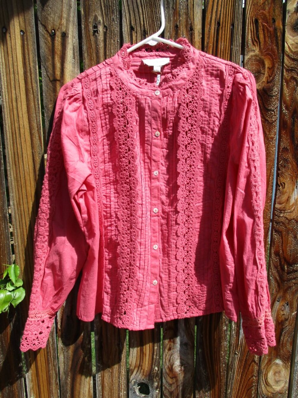 NWT Jennifer & Grace Cotton‎ Lace Pintuck Blouse Button Down Blouse Rosewood L